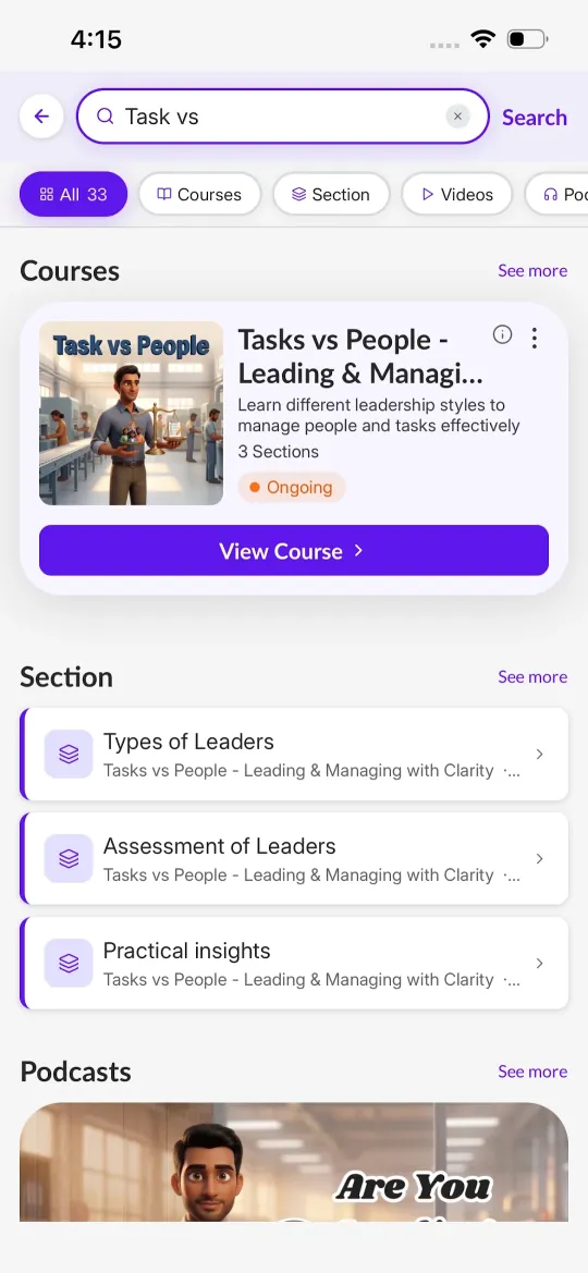 The app showing the Tasks vs People leadership course