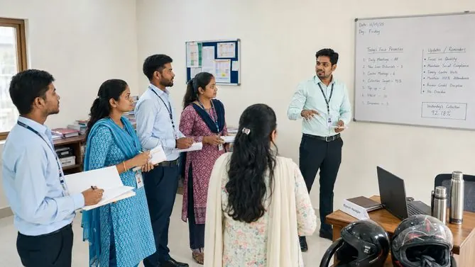 A team lead briefing colleagues in an office